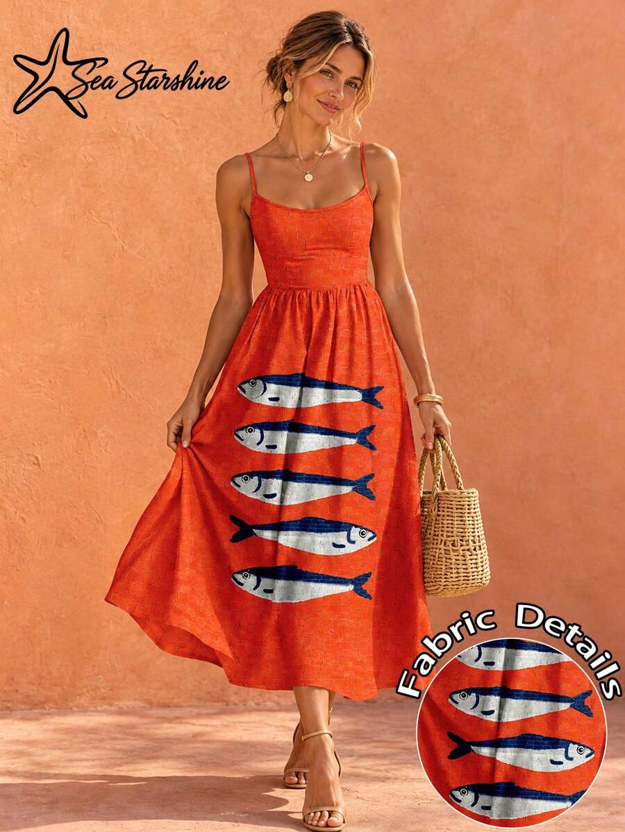 New Spring/Summer Sleeveless Fish Print Dress, Suitable For Beach Vacation And Afternoon Tea Elegant - Orange - View 1