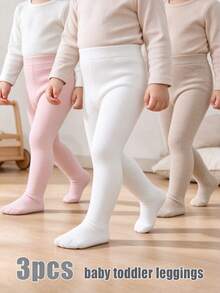 3 Pairs Simple Versatile Solid Color Plain Tights For Baby Girls, Suitable For 0-8 Years Old Daily Wear - Multicolor - View 2