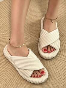 Women's Cross Strap Corduroy Slippers, Solid Color Flat Open Toe Indoor House Slippers, Soft Non-Slip Home Slippers, Size Runs Small, Please Order One Size Up - Beige - View 7