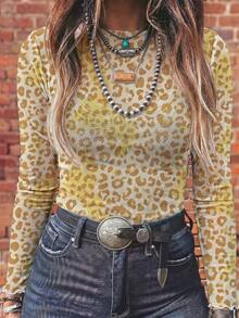 Women Yellow Leopard Print Mesh Long Sleeve Top, Crew Neck Sheer See Through Slim Fit Shirt, Western Casual Layering Tee - Multicolor - View 8