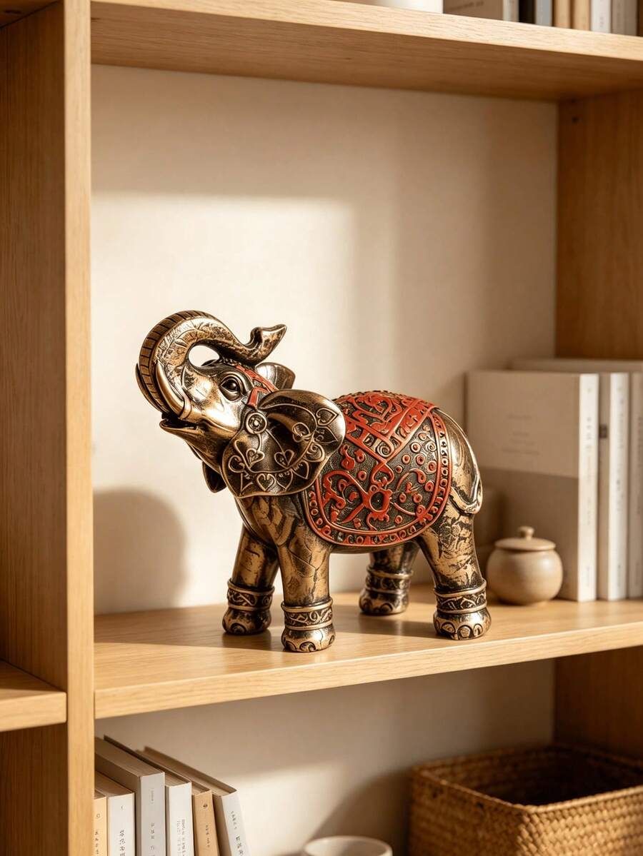 1pc Decorative Elephant Statue Ornament, Vintage Retro Style, Red Carved Pattern, Upward Trunk Design, Lucky Feng Shui Home Decor Sculpture Accessory, Suitable For Living Room, Bookshelf, Shelf, Desktop Decoration, Housewarming Gift - A - View 1