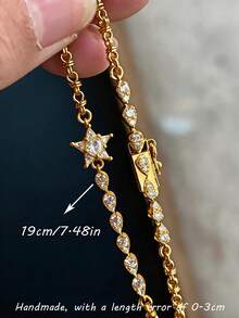 rundraw 1pc Women's Gold-Tone Copper Inlaid CZ Star & Water Drop Vintage Fashion Niche Bracelet, Suitable For Daily Wear, Parties, Gift For Friends - Gold - View 3