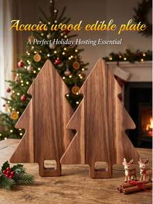 1PC Christmas Tree Shape Chopping Board, Natural Acacia Wood Cutting Board, Kitchen Accessories, Charcuterie Board For Halloween Christmas Party, Restaurant & Home Table Serving Tray - Mocha Brown - View 1