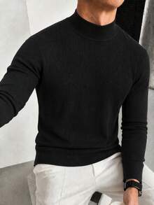 Men's Autumn/Winter Minimalist Ribbed Solid Color Fashion Casual Mock Neck Long Sleeve Sweater - Black - View 3