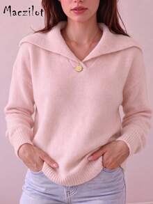 Plus Size Women's Plush Turn-Down Collar Knit Top, Loose Long Sleeve Pullover Sweater, Slim Fit Casual Commute Sweater For Autumn/Winter - Baby Pink - View 3