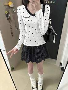 Women's Collegiate Style Star Print Long Sleeve V-Neck T-Shirt, Regular Fit Pure Cotton High Elasticity Top - White - View 4