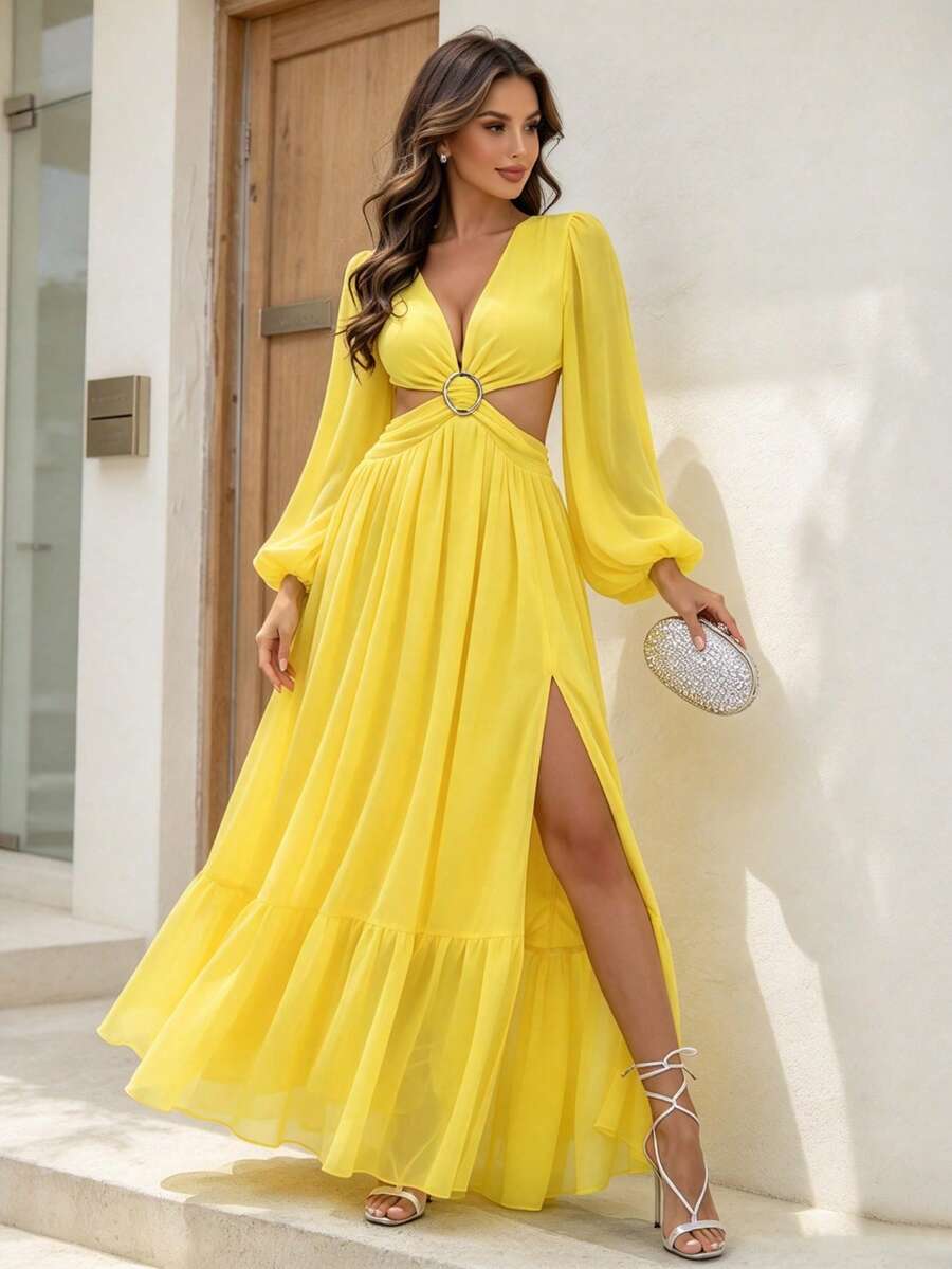 Joyfunear Plunging Neck Lantern Sleeve O-Ring Detail Split Thigh Dress Elegant Spring Yellow - Yellow - View 1