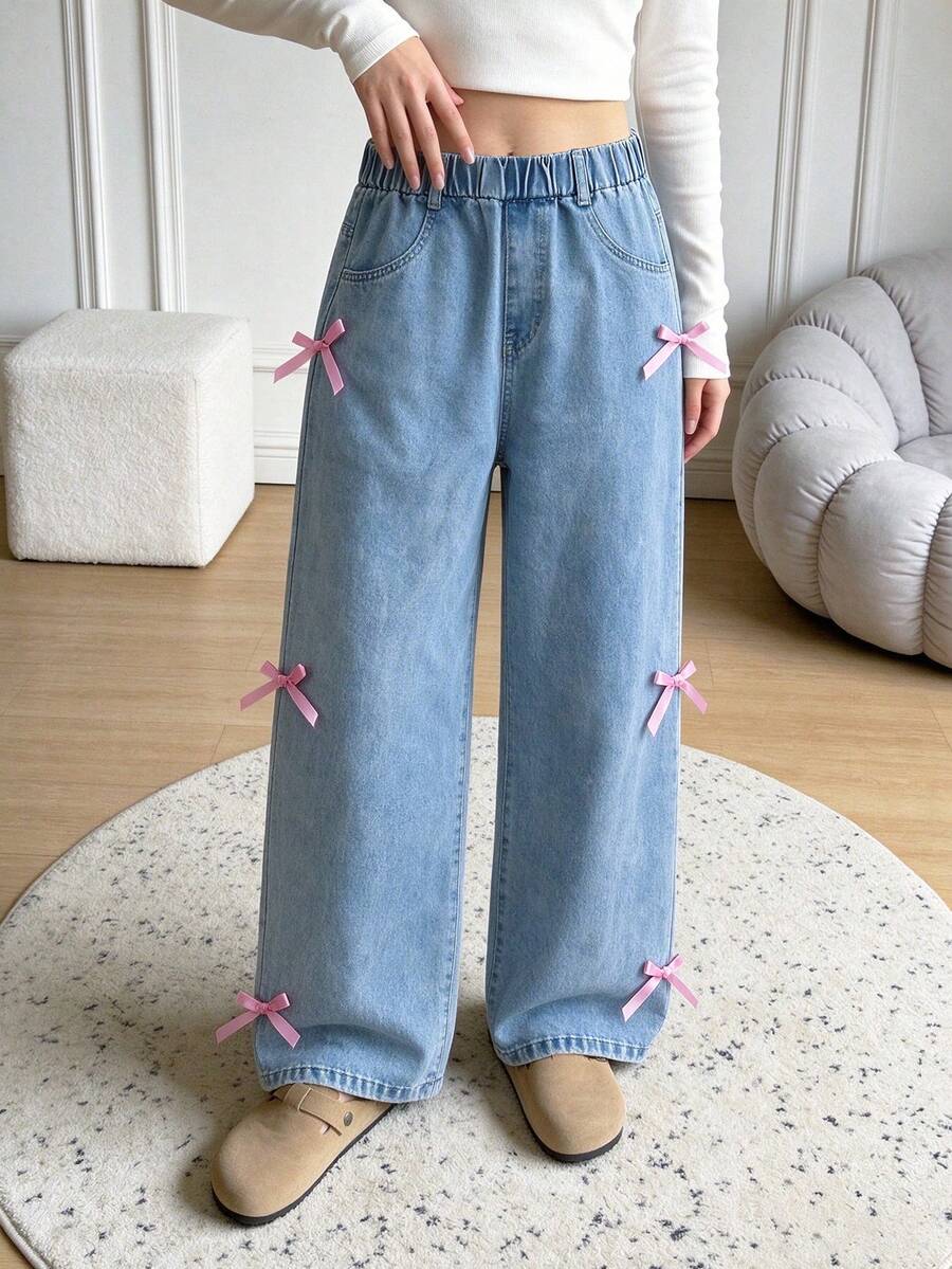 Tween Girl Fashion Casual Loose Straight Leg Jeans With Side Bow - Blue - View 1