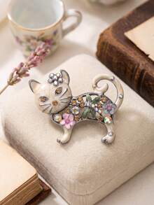 Vintage Floral Cat Brooch With Sparkling Rhinestones - Whimsical Feline Pin For Coat/Bag Decoration & Cat Lover Gifts - Cat (0462) - View 12
