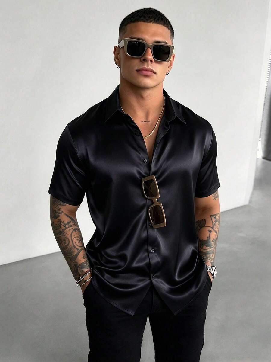 WAIT HIM Men's Satin Short Sleeve Single-Breasted Fashion Shirt - Black - View 1