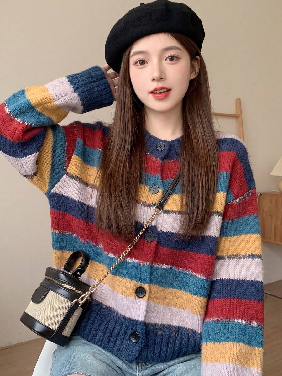 Alicedudu Women's Cute Color Block Round Neck Sweater Cardigan, Autumn/Winter - Multicolor - View 1
