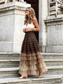 2026 French Fairy Aesthetic Multi-Layer Colorblock Mesh A-Line High Waist Layered Cake Skirt, Summer, Boho - Gradient Card - View 5