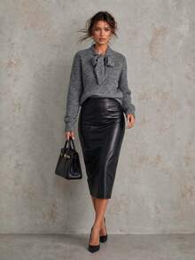 HYJ WEAR French Style Bowknot Ribbed Sweater, Soft Long Sleeve Wool Blend Knit Top, Autumn/Winter, Christmas, Halloween - Dark Grey - View 4