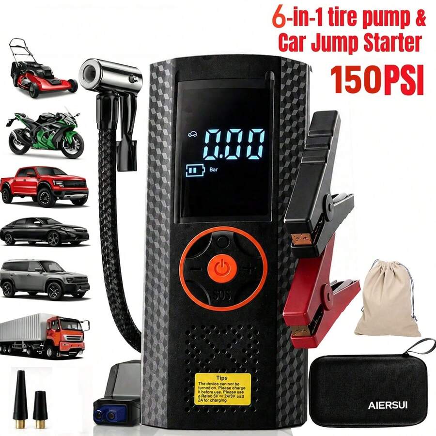 SUITU Car Emergency Jump Starter - 12V Emergency Jump Starter Kit, Portable Jump Starter, Smart Air Pump, Power Bank, Tire Inflator With Built-In LED Light. Note: Tire Inflator Is Equipped With 7.4V 2000mAh Battery, Emergency Jump Starter Is Equipped With 14.8V 1500mAh Battery