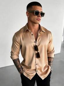 WAIT HIM Men's Satin Long Sleeve Shirt For Ball, Wedding - Gold - View 1