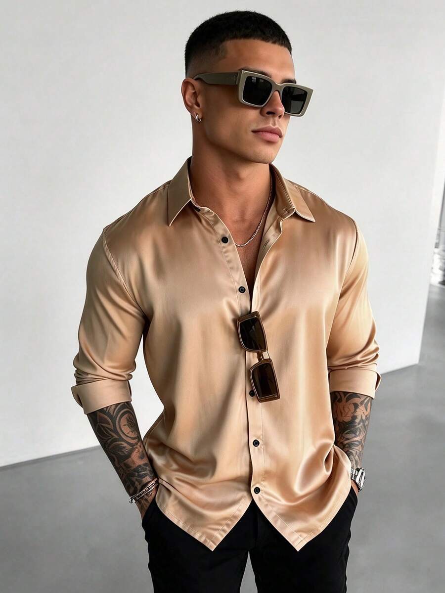 WAIT HIM Men's Satin Long Sleeve Shirt For Ball, Wedding - Gold - View 1
