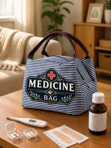 1pcsVintage Medicine Bag, Striped Tote Lunch Bag, Large Capacity Laptop Storage Bag, Zippered Toiletry Makeup Bag For Work, Travel, Business Tri/Set - Multicolor - View 6