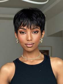 Women's Short Straight Human Hair Wig, 6 Inch Natural Black Brazilian Hair, 150% Density, Full Machine Made - Natural Black - View 4