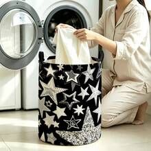 Black Storage Bin With Silver Star Pattern, Foldable Laundry Basket With Handle, Suitable For Teen Boys' Bedroom Toy And Dirty Clothes Storage - Black - View 6