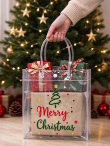 1 Set Transparent Christmas Gift Bags - Plastic Gift Bags With Handles And Ribbons, Suitable For Christmas Party Gifts - Multicolor - View 10