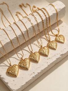1pc Vintage Embossed Heart Locket Pendant, 18K Gold Stainless Steel Multi-Chain Openable Locket, Premium Versatile Women's Collarbone Necklace - Yellow Gold - View 2