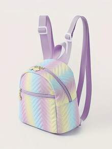 Tas Ransel Mini Anak Perempuan Berwarna-warni Pelangi PU Berbahan Quilted, Tas Sekolah Kasual Modis dengan Nuansa Premium (Resleting Acak, Motif Acak), Tas Ransel Pelajar Kampus Perempuan Lucu dengan Warna Gradien Baru, Tas Ransel Mini Serbaguna Kasual Gaya Korea - MultiWarna - View 1