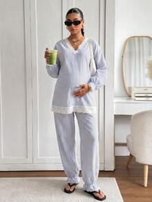 Bump Style Maternity 2 Pieces Blue Striped Pajama Set: Lace Trim Elastic Belly Area Long Sleeve, Suitable For Sleep And Home Leisure - Blue - View 1