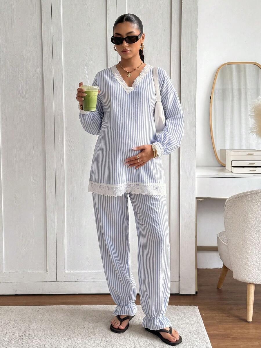 Bump Style Maternity 2 Pieces Blue Striped Pajama Set: Lace Trim Elastic Belly Area Long Sleeve, Suitable For Sleep And Home Leisure - Blue - View 1