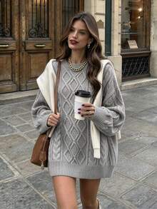 Women's Autumn/Winter Round Neck Solid Color Cable Knit Loose Fit Versatile Pullover Sweater - Grey - View 4