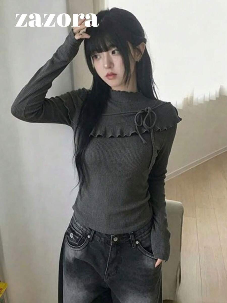 2合1荷葉邊修飾長袖底層上衣,純色極簡修身顯瘦T恤,秋季服飾 - 灰色 - 查看 1