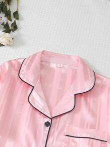 2pcs Satin Striped Pajama Set, Sweet & Cute Lapel Button Long Sleeve Top And Pants, Women's Sleepwear And Loungewear For Home Use - Pink - View 4