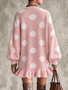 Women's Comfortable Pink Polka Dot Knit Sweater Dress, Long Sleeve Ruffle Hem Casual Pullover, Winter Style - Pink - View 5