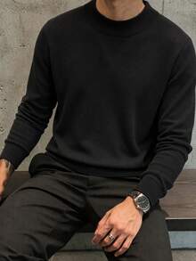 Men's Autumn/Winter Fashion Minimalist Solid Color Mock Neck Sweater, Suitable For Daily Commute And Dates, Excellent Choice For Layering - Black - View 4