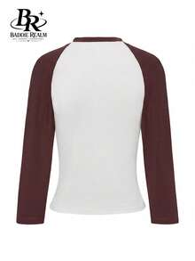BADDIE REALM Women's Knitted Raglan Sleeve Crew Neck T-Shirt, Regular Length, Medium Stretch Fabric, 3/4 Sleeve Top - Brown - View 10