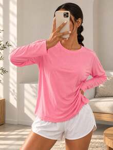 Women's Crew Neck Long Sleeve Workout Top Solid Color Slim Fit Active Shirt For Running Gym Training And Casual Wear - Hot Pink - View 5