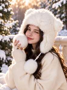 Women's Fluffy Bear Ear Trapper Hat, Warm Plush Winter Hat With Pom Poms, Cozy Cold Weather Accessory - A - View 3