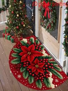 1pc Christmas Red Poinsettia & Snowflake Welcome Doormat - Semi-Circular Christmas Door Mat With Green Holly Berry Border, Velvet Material Machine Washable Soft Rug Suitable For Front Door, Porch, Kitchen, Living Room, Bathroom - Easy To Clean Home Holiday Decor, Christmas Decoration Carpet - A - View 2