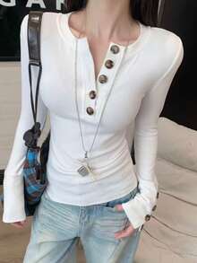 Women's Thermal Lined Long Sleeve Henley Top, Button Decor, Polyester Regular Fit, Autumn/Winter - White - View 2