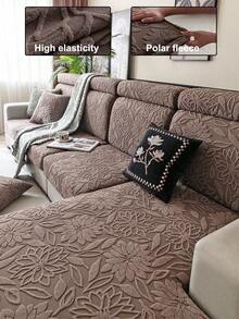 1pc Flower 3D Pattern Sofa Cover, Simple & Sweet Style Coral Fleece Elastic Soft Stretchy Sofa Cushion Cover With Integrated Backrest & Armrest, Fits Various Sofas, Suitable For All Seasons. - Brown - View 1