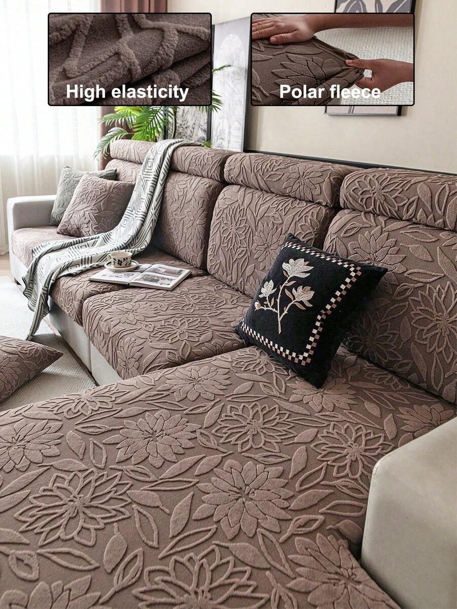 1pc Flower 3D Pattern Sofa Cover, Simple & Sweet Style Coral Fleece Elastic Soft Stretchy Sofa Cushion Cover With Integrated Backrest & Armrest, Fits Various Sofas, Suitable For All Seasons. - Brown - View 1
