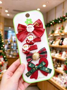 5pcs/Pack New Christmas Bow Hair Clips, Fully Covered Fabric Hair Clips, Deer & Snowflake Alligator Hair Clip Set, Christmas Essential - Multicolor - View 6
