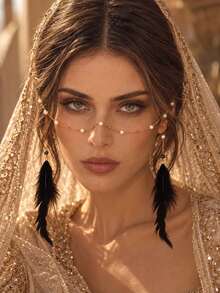 1pc Vintage Bohemian Pearl Face Chain With Black Feather Tassel, Facial Chain Accessory For Evening Party Cosplay Exotic Style - Rhinestones - View 4