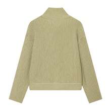 Women's High Neck Ribbed Button-Front Knit Cardigan Sweater, Solid Color Long Sleeve Top For Autumn - Olive Green - View 6