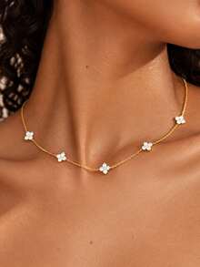 1PC Rhinestone Four-Leaf Clover Chain Necklace Light Luxury Elegant High-End Versatile Jewelry Suitable For Girls And Women Dating Wedding Gift - Gold - View 1
