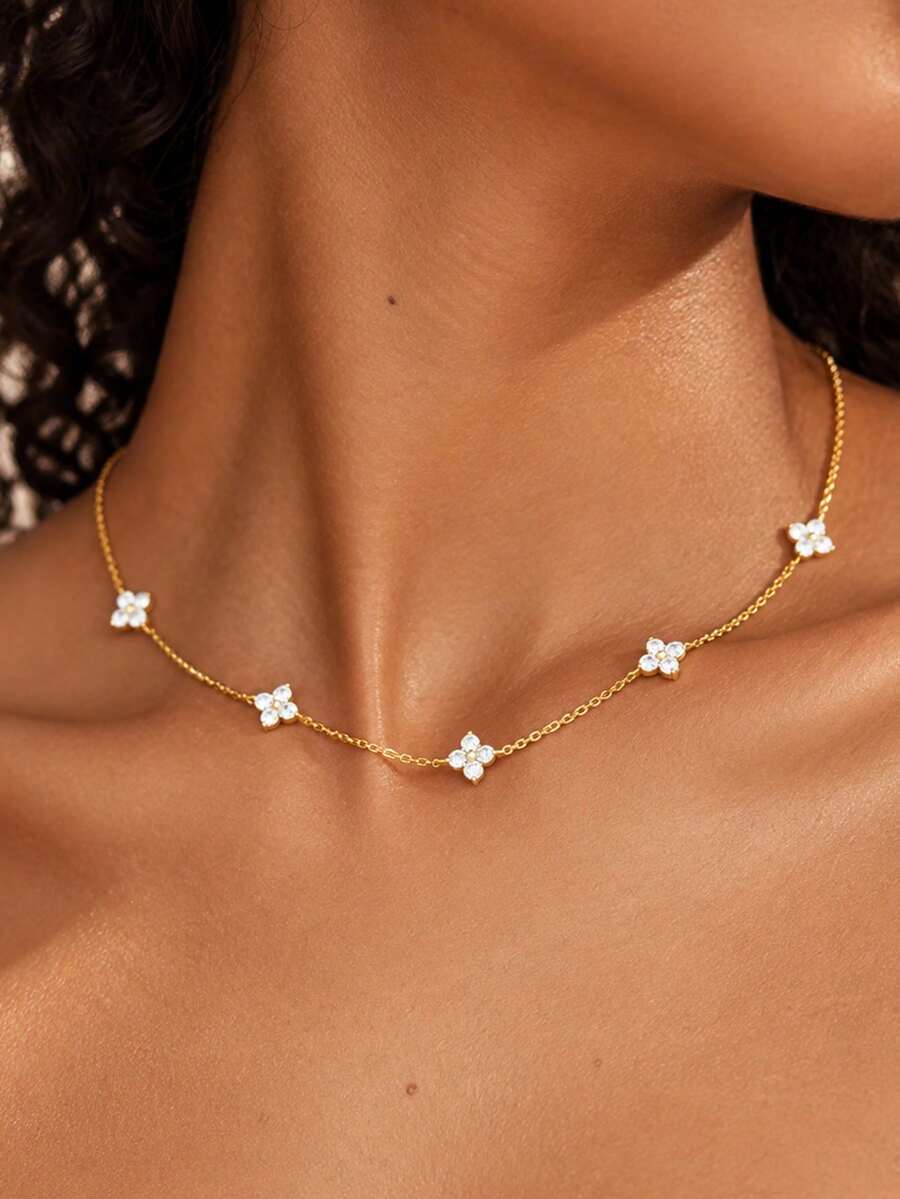 1PC Rhinestone Four-Leaf Clover Chain Necklace Light Luxury Elegant High-End Versatile Jewelry Suitable For Girls And Women Dating Wedding Gift - Gold - View 1