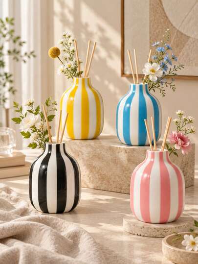 1pc Striped Bulky Diffuser Bottle, Decorative Tabletop Aromatherapy Bottle, For Bedroom Bathroom Desktop Display, Ideal For Home Office Decor