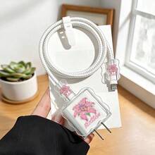 Juego de protección de cargador y cable de Apple con diseño de flor grande, protector de cable de carga Apple 18-20W duradero, organizador de cables anti-rotura - Multicolor - Ver 2