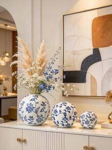 Blue And White Porcelain Ceramic Vase, Round Ball Shaped Decorative Flower Vase For Home Tabletop Decor - 1PC - View 4
