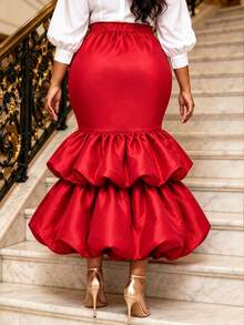 Plus Size Red Satin Fitted Mermaid Skirt, Elegant High Waist Double Layer Ruffle Flared Hem, Formal Occasion Church Wedding Guest Evening Dress - Red - View 3