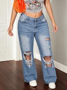 Plus Size Casual Daily Denim Jeans With Pockets And Buttons, Distressed High Waist Design, Suitable For Women's Autumn Fashion, Disco And Party Wear - Blue - View 7
